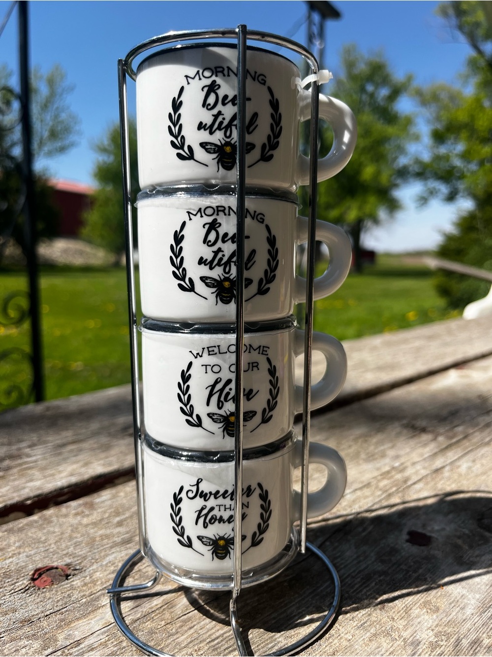New Stackable Bee Print Espresso Cup Set - White with Black & Yellow Bee Design